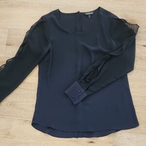 Express Women's Dark Blue Blouse with Sheer Black Sleeves